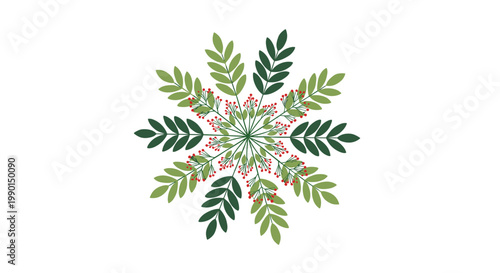 Circular wreath of green leaves and red berries in a symmetrical floral pattern.