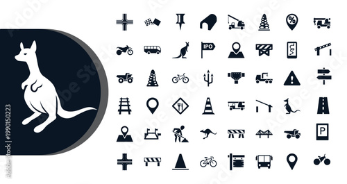 A collection of various road and transportation icons featuring a kangaroo logo
