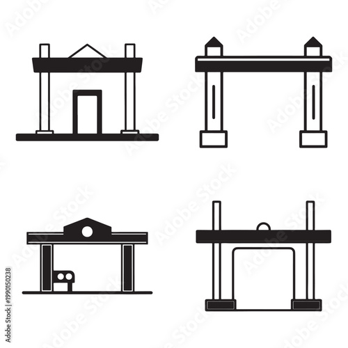 Black and white illustrations of various gate and archway designs with columns and simple architectural details  architectural elements in simple line style