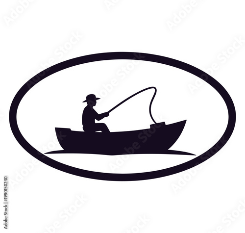 man sitting in a boat fishing with a rod in a oval frame