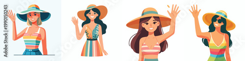 half body vector of a woman standing waving hand in summer clothes