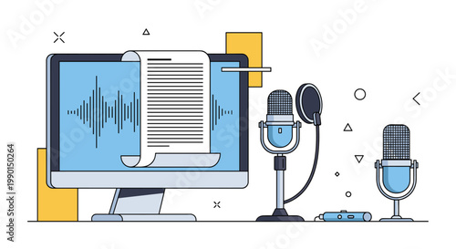 Modern podcasting and audio recording setup featuring a desktop computer screen with sound waves and professional studio microphones.