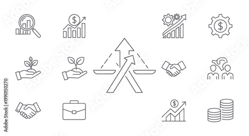Financial Growth and Investment Icons: Balance, Charts, Money, Business Strategy