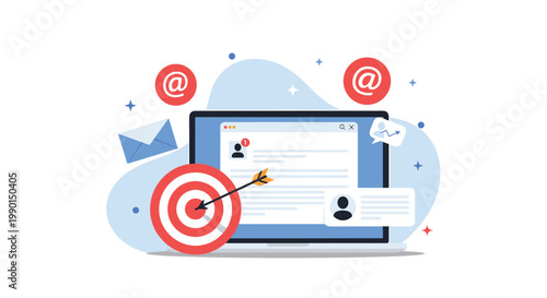Targeted email marketing campaign concept showing a laptop screen with a message notification and an arrow hitting a red target.