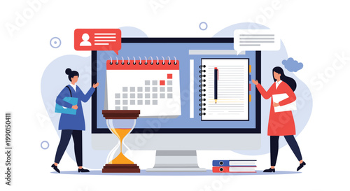 Project management and scheduling illustration with two people planning tasks on a calendar and notebook displayed on a monitor.