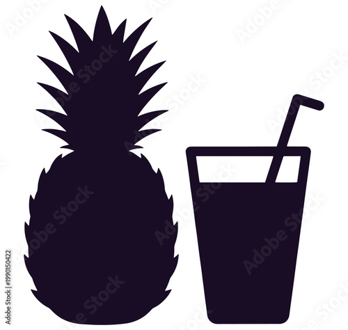 Pineapple and a glass of juice with straw silhouette icon