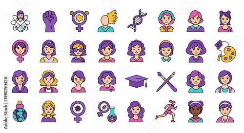 Feminine Power Icons: Diverse Women, Strength, Science, Art, Education, Equality