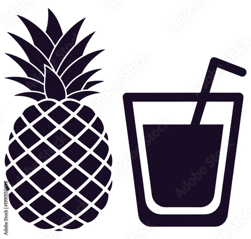 Pineapple and glass of juice with straw icons  tropical fruit and drink