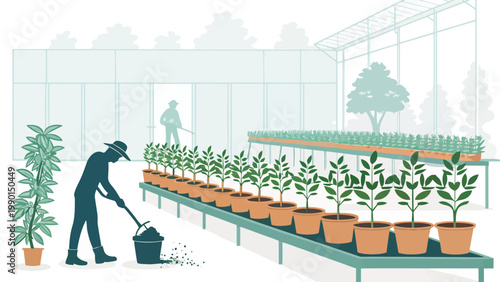 A vector illustration of a person tending to plants in a greenhouse