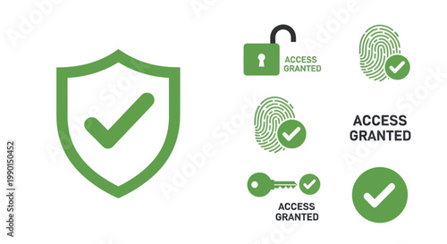 Security Icons: Shield, Fingerprint, Key, Padlock, Access Granted, Check Mark