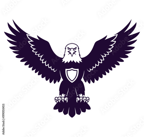 Purple eagle with spread wings and shield on chest isolated on white background
