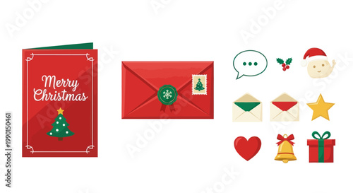 Merry Christmas Icons and Elements: Card, Envelope, Santa Hat, Gift, Star, Bell