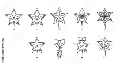 Set of 10 Hand-Drawn Star Ornaments and Bows for Christmas Tree Toppers