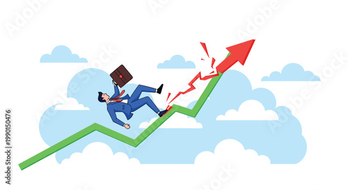 Market volatility and financial risk concept showing a businessman falling from a rising arrow that is breaking under economic pressure.