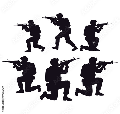 set of soldiers in various combat positions with guns  military personnel in action