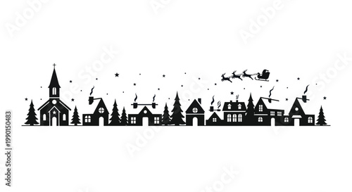 Christmas Village Silhouette with Santa Flying in Sleigh
