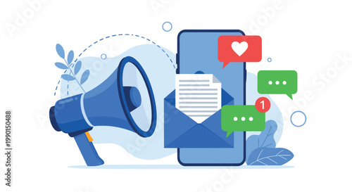 Social media marketing and brand engagement concept with a megaphone and various notification bubbles appearing from a smartphone.