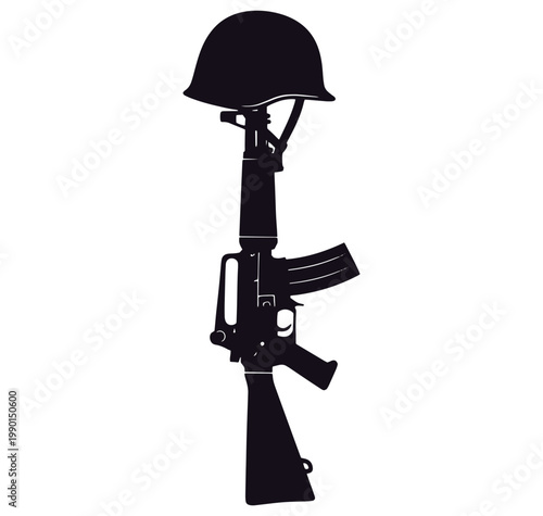 Silhouette of a rifle with a helmet on top  military symbol