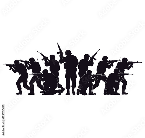Silhouette of soldiers in various combat positions with guns  military personnel in action