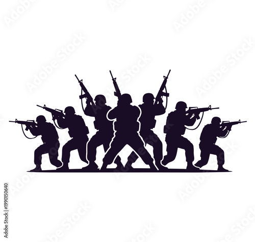 silhouette of soldiers with guns in various combat positions on white background