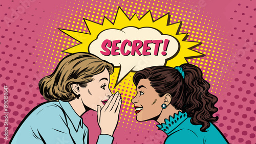 A colorful pop art illustration of two women sharing a secret