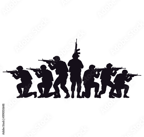Silhouette of soldiers in various combat positions with guns and helmets