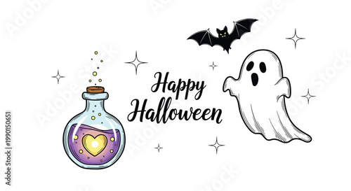 Happy Halloween message with magical potion bottle, ghost, bat, and sparkling stars.