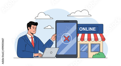 Digital commerce and online store management issues showing a businessman with a laptop near a smartphone with a red cancel mark.