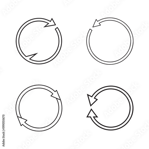 Circular arrow icons in various orientations on white background for graphic design  symbolizing rotation or cycle  four black line art illustrations
