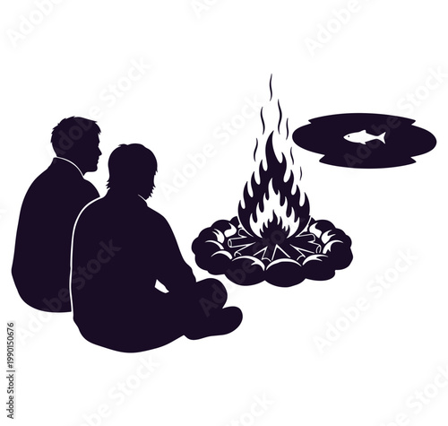 silhouette of two people sitting by a campfire with a fish on a grill  outdoor scene