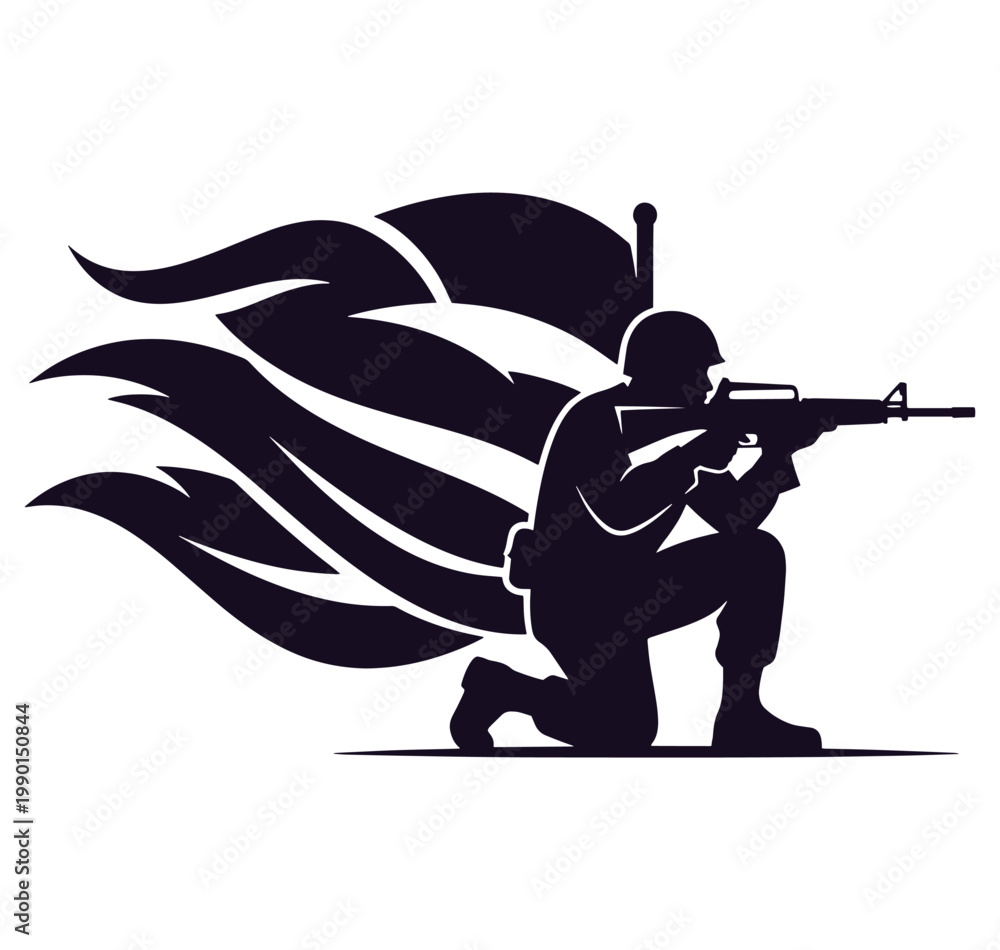 Obraz premium Soldier kneeling and aiming a rifle with a flag waving behind him in a dynamic pose