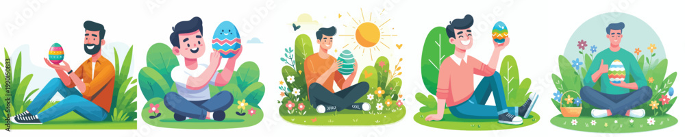 Fototapeta premium vector of a man sitting in the park with easter eggs