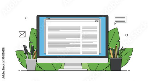 Creative writing and content creation workspace setup with a document on a computer monitor surrounded by pens and green leaves.