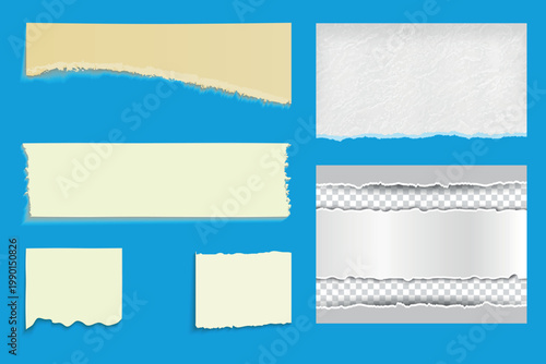 Vintage Torn Paper Pieces and Ripped Edge Textures Collection Isolated on Blue Background