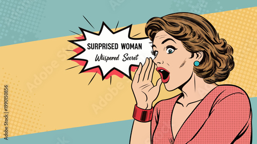 A surprised woman whispering a secret in a pop art style illustration