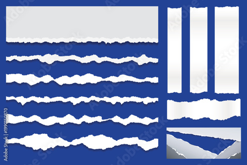 Ripped Paper Strips and Torn Edge Lines Collection Isolated on Blue Background