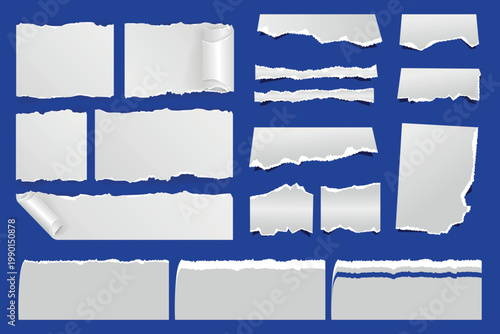 Torn Paper Strips and Ripped Edge Elements Collection Isolated on Blue Background