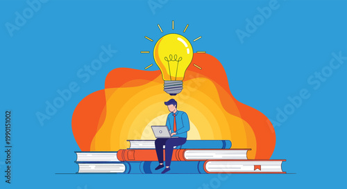 Knowledge acquisition and academic success concept showing a person with a laptop sitting on books under a bright idea lightbulb.