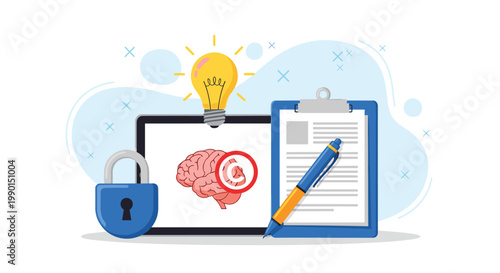 Creative rights management and intellectual property concept featuring a brain on a tablet screen with a security lock and pen.