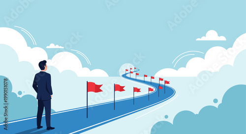 Strategic career path and business journey concept showing a businessman looking down a long winding road marked with several flags.