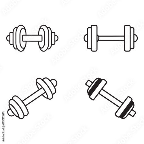 Four black and white line art dumbbells in different orientations for fitness and exercise concepts  dumbbells are shown from various angles and are commonly used in workout routines