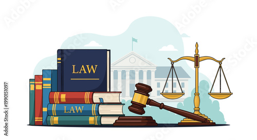 Legal system and justice concept featuring law books and a judge gavel in front of a courthouse building with scales of justice.