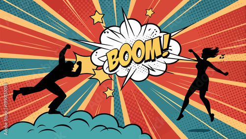A dynamic comic book style illustration of a man and woman in mid fight with a large boom speech bubble