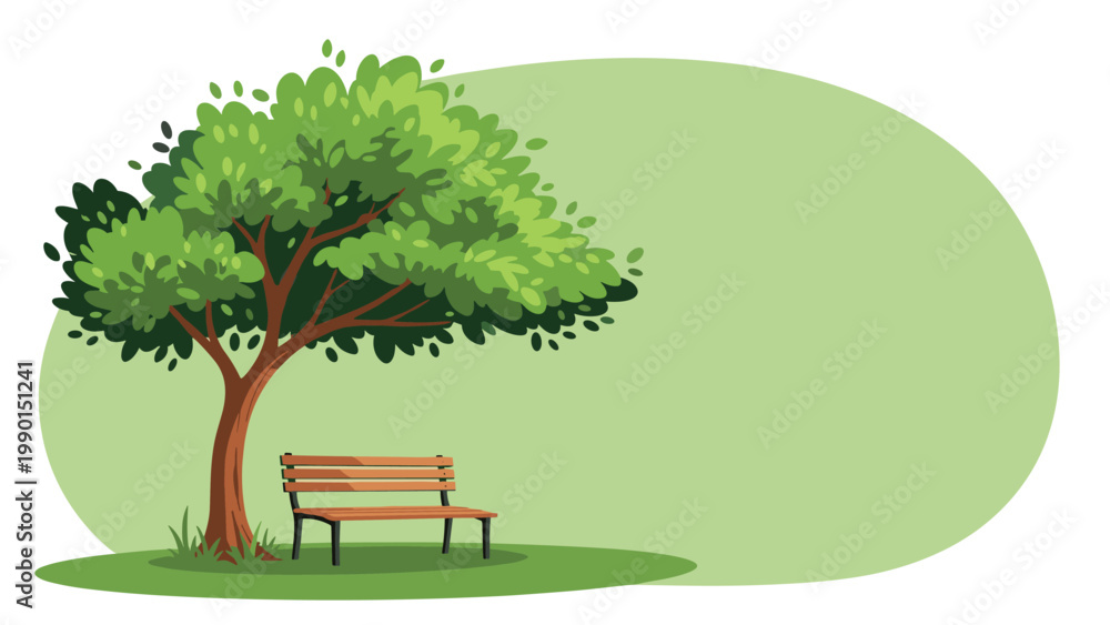 Obraz premium Simple illustration of a wooden park bench sitting under the shade of a large leafy green tree on a plain background.