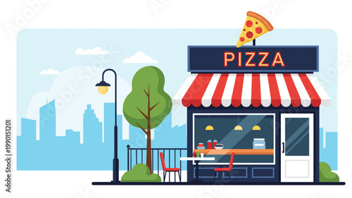 Charming pizza restaurant features a red and white striped awning with a large slice of pizza on the roof and city buildings behind.