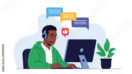 Professional man wearing a headset works at a computer with speech bubbles and a thumbs up icon appearing above.