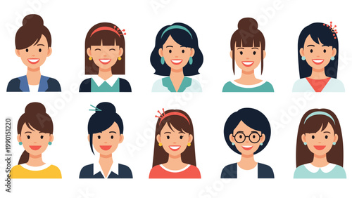 Set of diverse female avatar illustrations showing different hairstyles and professional outfits for web profiles.