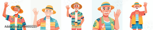 half body vector of a grandpa standing waving hand in summer clothes