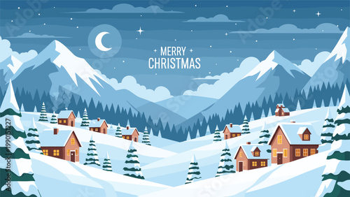 Picturesque winter village nestled in the mountains features snow covered houses and pine trees under a starry night sky.