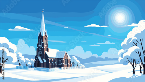 Serene winter landscape showing a traditional church building covered in snow under a bright sun and blue clear sky.